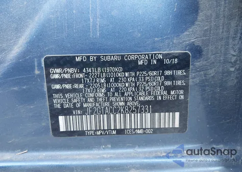 2019 Subaru Crosstrek 2.0I Premium z USA, uszkodzony, nr VIN JF2GTACC2K8257331